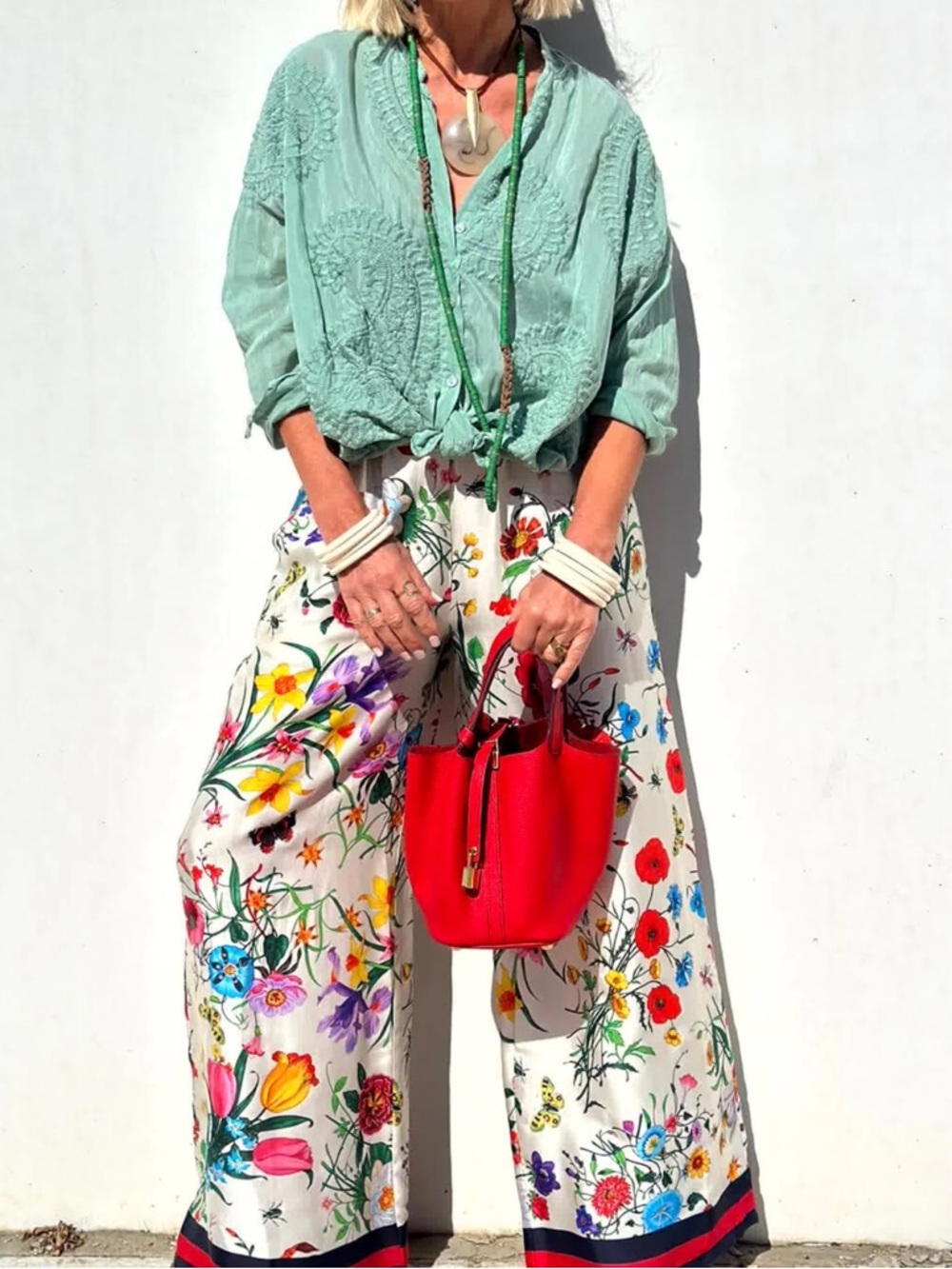 🌸💐🪴🌻Floral Wide-Leg Palazzo Pants in Ivory - Picture 4 of 9